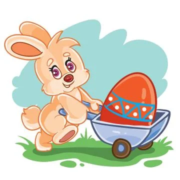 Cute bunny carrying a big Easter egg painted in different colors in a trolley, Stock Illustration