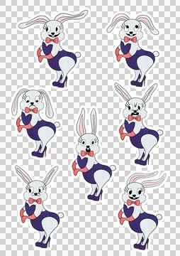 Cute Bunny Character Sticker Sheet 7 Hand Drawn Bunny Emotions PNG Stock Illustration