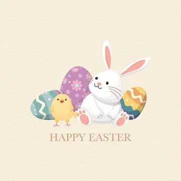 Cute bunny, chick and Easter eggs hand drawn style with bond paper texture .. Stock Illustration