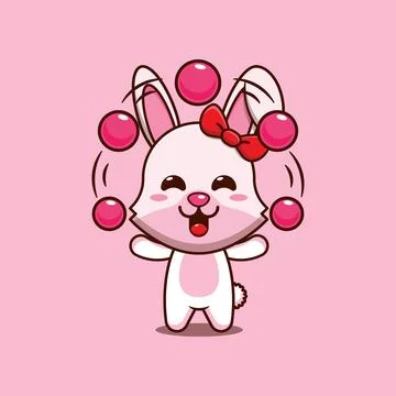 Cute bunny circus attraction with balls cartoon vector illustration. Stock Illustration