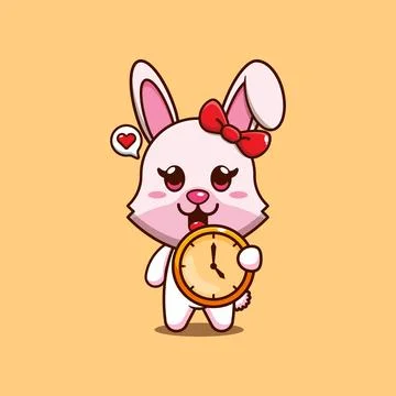 Cute bunny with clock cartoon vector illustration. Stock Illustration