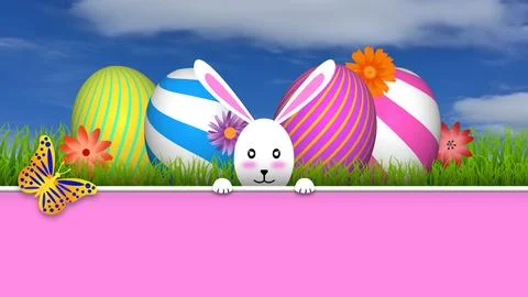 Cute bunny, decorated easter eggs and grass behind the wall Stock Illustration