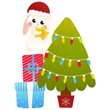 Cute bunny decorating christmas tree in cartoon style, isolated on white back Stock Illustration