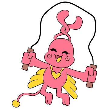 Cute bunny is doing jumping rope playing game, doodle icon image kawaii Stock Illustration