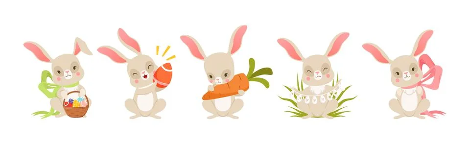 Cute Bunny with Easter Decorated Egg Shell Vector Set 库存插图