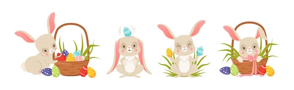 Cute Bunny with Easter Decorated Egg Shell Vector Set Illustrazione stock
