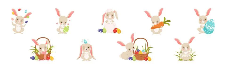 Cute Bunny with Easter Decorated Egg Shell Vector Set Illustrazione stock