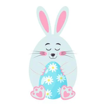 Cute bunny with Easter egg decorated chamomiles. Easter rabbit in the form of Illustrazione stock