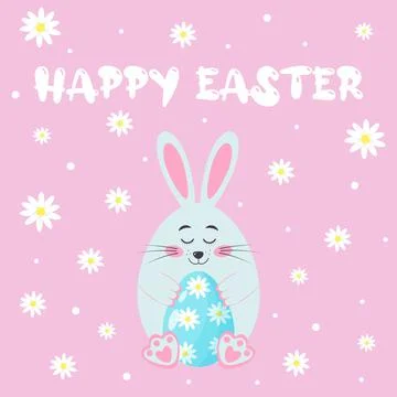 Cute bunny with Easter egg decorated chamomiles. Easter greeting card with ra Stock Illustration