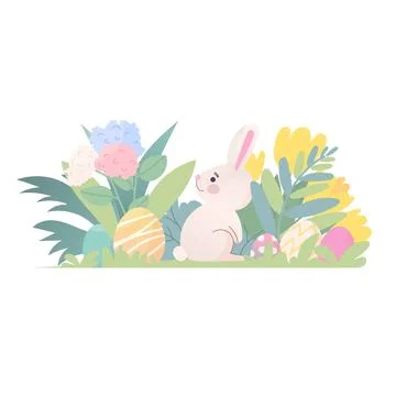 Cute Bunny with Easter Eggs and Flowers, Pastel Spring vector Illustration 库存插图