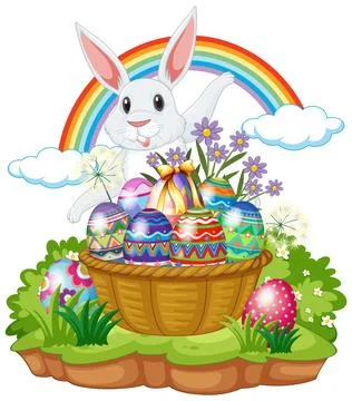 Cute bunny with easter eggs in basket 스톡 일러스트