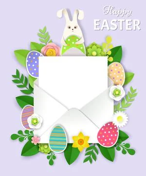 Cute bunny, Easter eggs, flowers and envelope, vector illustration in paper art Stock Illustration