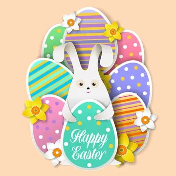Cute bunny with Easter eggs, flowers, vector paper cut illustration. Happy Stockillustratie