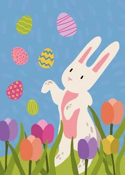 Cute bunny with Easter eggs. Vector illustration in hand drawn style. Childre Stock Illustration