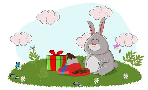 Cute bunny eats candy and enjoys chocolate Stock Illustration