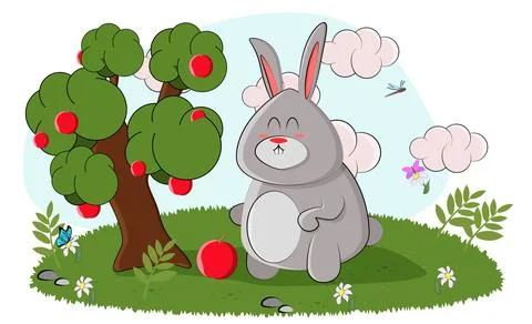 A cute bunny found a big apple tree and admires it in the forest Stock Illustration