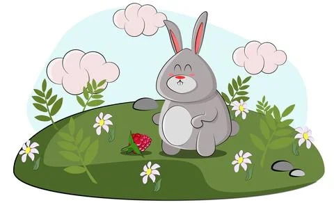 Cute bunny found a raspberry in a clearing and admires it Illustrazione stock