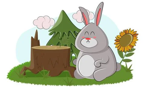 Cute bunny found a tree stump in the forest to knock on it Stock Illustration