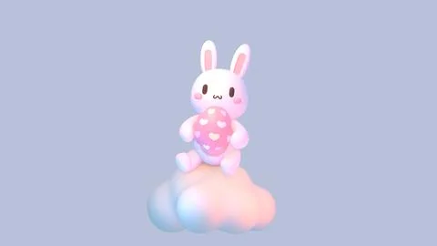 Cute bunny holding an easter egg on a cloud Stock Illustration