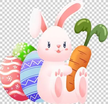 Cute Bunny holding Leaning on Easter Eggs Stock Illustration
