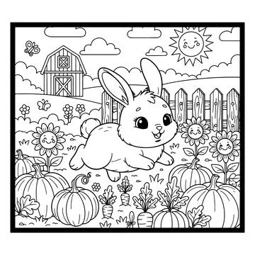 Cute bunny hopping in pumpkin patch on sunny farm day Illustrazione stock