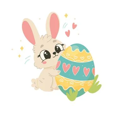 Cute Bunny Hugging Easter Egg, Hand Drawn Spring Holiday Illustration 스톡 일러스트