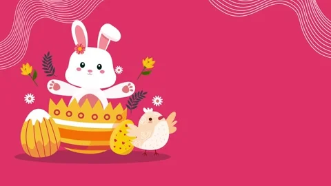 Cute bunny inside egg shell with yellow chick on pink background Stock Footage 327518211