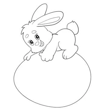 Cute bunny lies on a big easter egg, contour, isolated object, Stock-Illustration