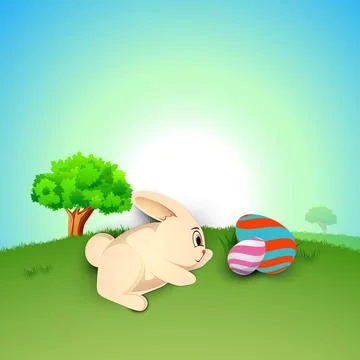 Cute Bunny with Painted Egg at Sunlight Effect Green Nature Background for .. Stock Illustration