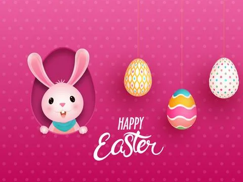 Cute Bunny in Paper Cut Egg Shape and Hanging Realistic Eggs on Pink Polka .. Stock Illustration