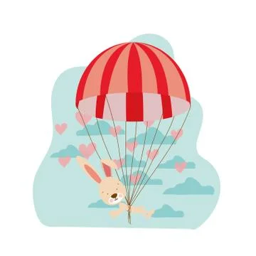 Cute bunny with parachute in background clouds 库存插图