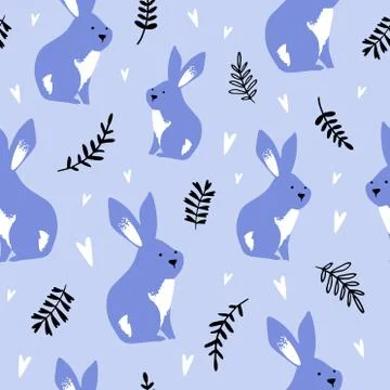 Cute Bunny Pattern with Blue Background and Branches. Can be used for textile Illustrazione stock