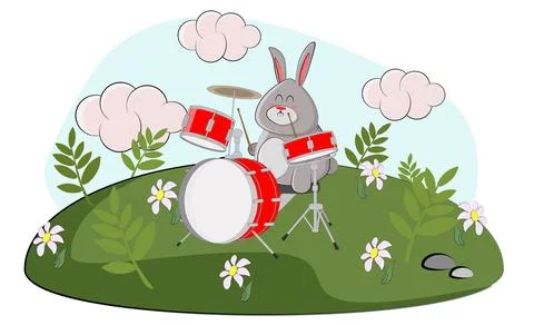 A cute bunny plays a drum kit in his meadow Stock Illustration