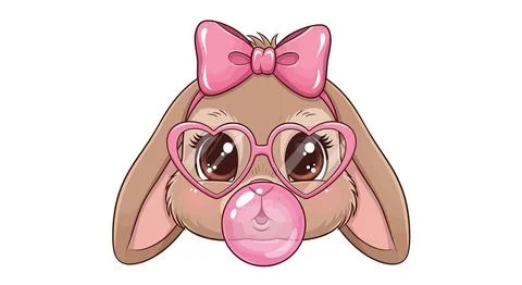 Cute Bunny Rabbit Blowing Bubble Gum with Pink Heart Glasses and Bow Ilustración de archivo