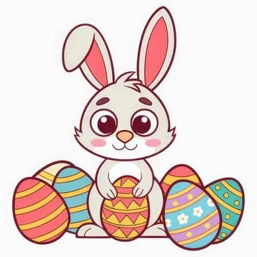 Cute bunny rabbit with colorful easter eggs for celebration Иллюстрация