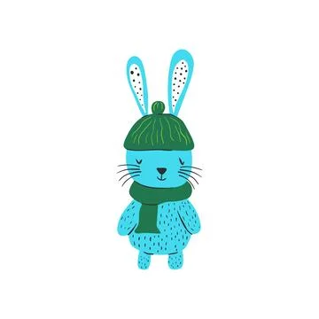 Cute Bunny Rabbit Winter Clothes Turquoise Green Hand Drawn Illustration Stock Illustration