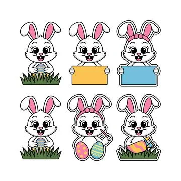 Cute Bunny Rabbits with Easter Eggs and Signs for Celebrating Easter Stock Illustration