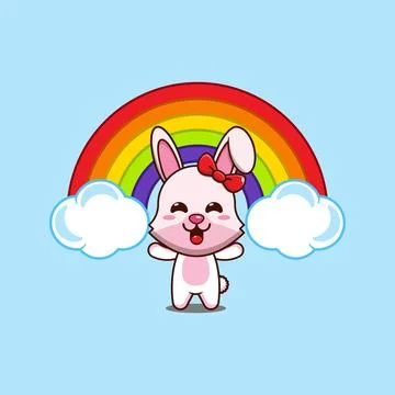 Cute bunny with rainbow cartoon vector illustration. Stock Illustration