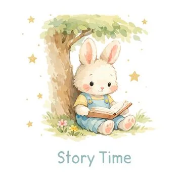 Cute Bunny Reading Under Tree Illustration Stock Illustration