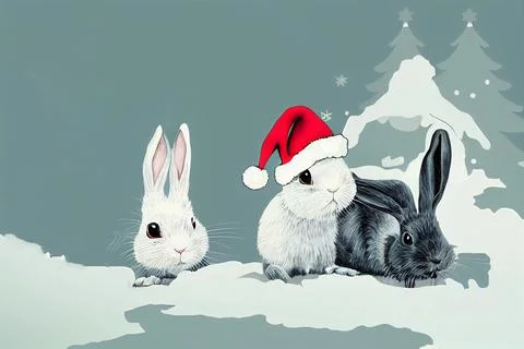 Cute bunny in a red hat. The rabbit is a symbol of the Chinese year 2023. Stock Illustration