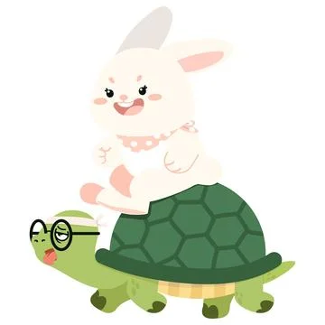 Cute bunny riding turtle character representing friendship and teamwork for.. Illustrazione stock