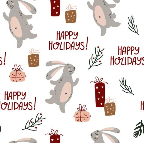 Cute Bunny seamless pattern. Christmas gifts and twigs with berries. Happy Ho Stock Illustration