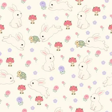 Cute bunny seamless pattern with flowers, turtles and mushrooms Stock Illustration