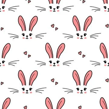 Cute bunny seamless pattern. Hand drawn doodle rabbit face and hearts vector Stock Illustration