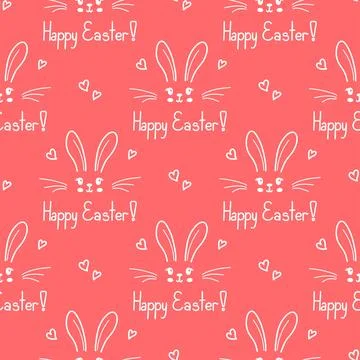 Cute bunny seamless pattern. Hand drawn doodle rabbit face and hearts vector Stock Illustration