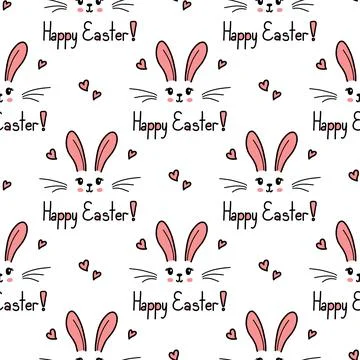 Cute bunny seamless pattern. Hand drawn doodle rabbit face and hearts vector Stock Illustration