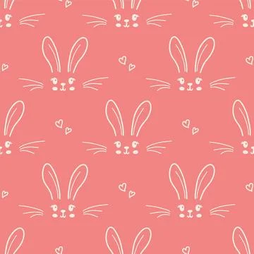 Cute bunny seamless pattern. Hand drawn doodle rabbit face and hearts vector Stock Illustration