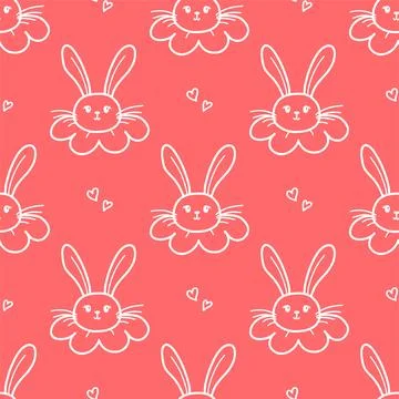 Cute bunny seamless pattern. Hand drawn doodle rabbit face and hearts vector Stock Illustration