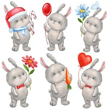 Cute bunny set. playing rabbit watercolor illustration isolated on white Stock Illustration