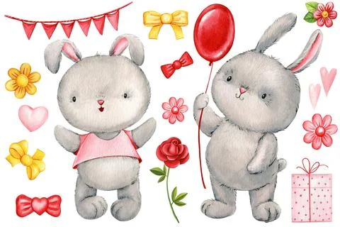 Cute bunny set. playing rabbit watercolor illustration isolated on white Stock Illustration